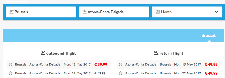 Retour Brussels - Azoren voor € 90,--